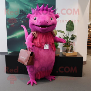 Magenta Axolotls mascot costume character dressed with a Maxi Dress and Clutch bags