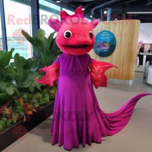 Magenta Axolotls mascot costume character dressed with a Maxi Dress and Clutch bags