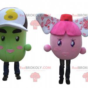 2 mascottes de bonshommes colorés de patates rose et vertes -