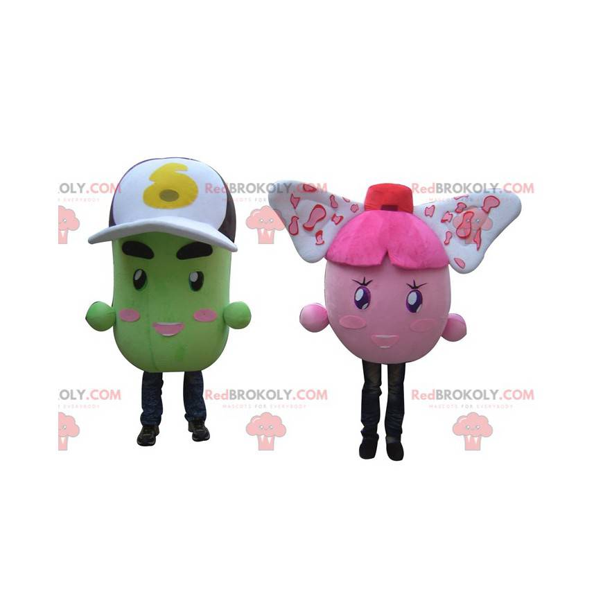 2 mascottes van kleurrijke roze en groene aardappelen -