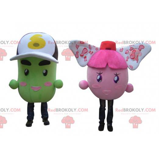 2 mascottes van kleurrijke roze en groene aardappelen -