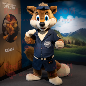 Navy Marten mascot costume character dressed with a Rugby Shirt and Rings