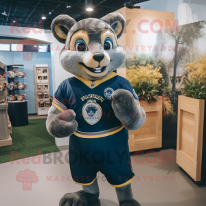 Navy Marten mascot costume character dressed with a Rugby Shirt and Rings