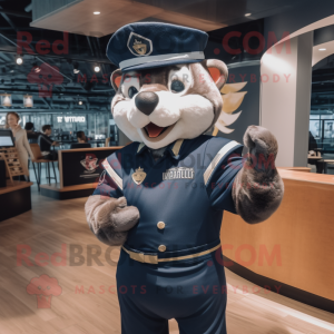 Navy Marten mascot costume character dressed with a Rugby Shirt and Rings