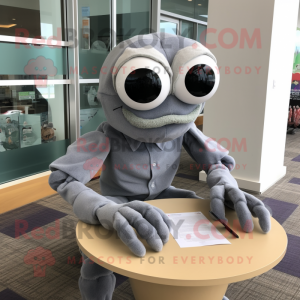 Gray Crab mascot costume character dressed with a Poplin Shirt and Reading glasses