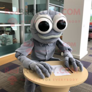 Gray Crab mascot costume character dressed with a Poplin Shirt and Reading glasses