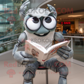 Gray Crab mascot costume character dressed with a Poplin Shirt and Reading glasses