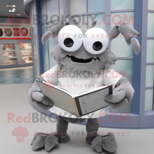 Gray Crab mascot costume character dressed with a Poplin Shirt and Reading glasses