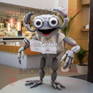 Gray Crab mascot costume character dressed with a Poplin Shirt and Reading glasses