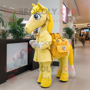 Lemon Yellow Mare mascot costume character dressed with a Coat and Messenger bags