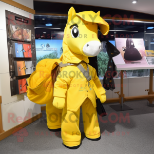 Lemon Yellow Mare mascot costume character dressed with a Coat and Messenger bags