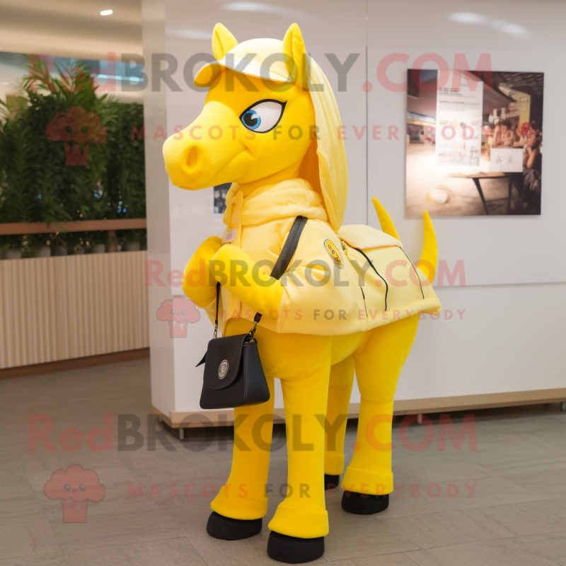 Lemon Yellow Mare mascot costume character dressed with a Coat and Messenger bags