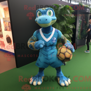 Maskotfigur af en cyan...
