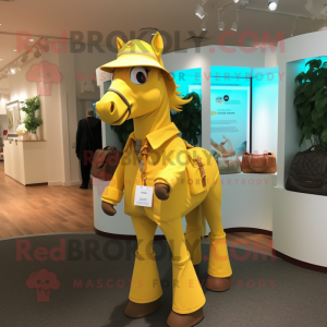 Lemon Yellow Mare mascot costume character dressed with a Coat and Messenger bags