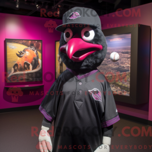 Maskotfigur af en magenta...