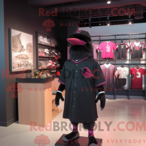 Maskotfigur af en magenta...