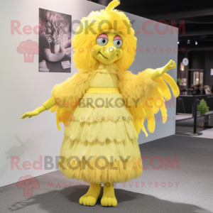 Lemon Yellow Harpy mascot costume character dressed with a A-Line Skirt and Hairpins