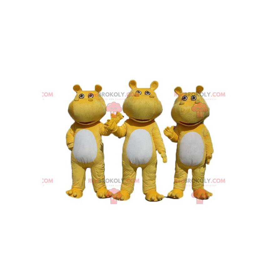 3 mascotes hipopótamos amarelos e brancos - Redbrokoly.com