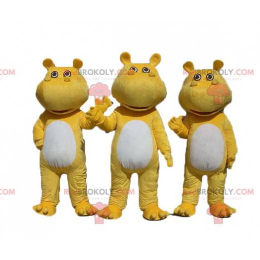 3 mascotes hipopótamos amarelos e brancos - Redbrokoly.com