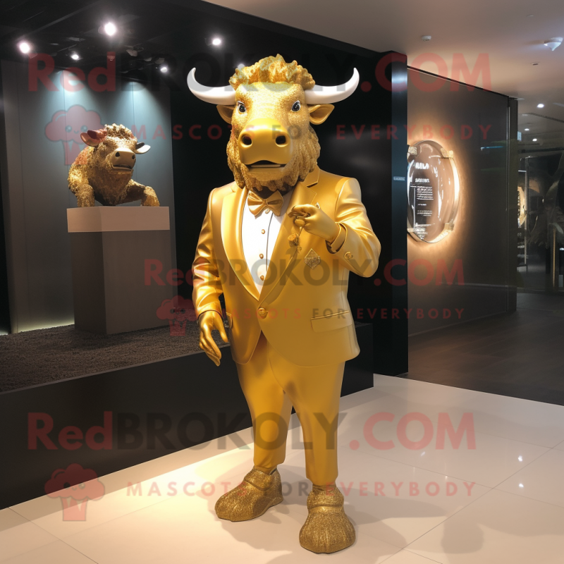 Gold Buffalo mascot costume character dressed with a Suit Pants and Earrings