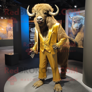Gold Buffalo mascot costume character dressed with a Suit Pants and Earrings