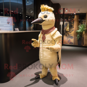 Cream Woodpecker mascot costume character dressed with a Jumpsuit and Cufflinks