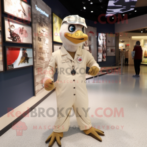 Cream Woodpecker mascot costume character dressed with a Jumpsuit and Cufflinks