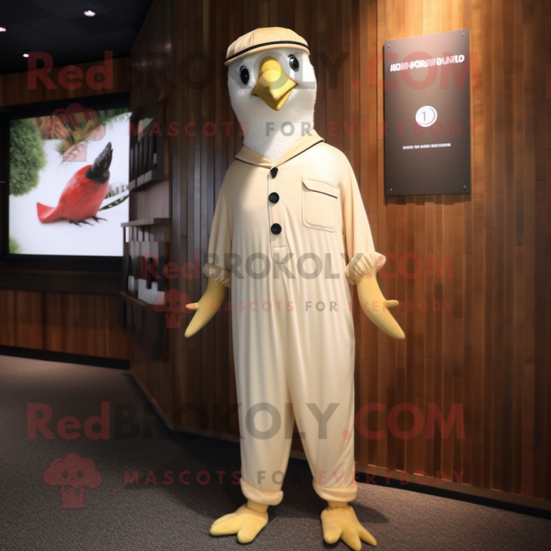 Cream Woodpecker mascot costume character dressed with a Jumpsuit and Cufflinks