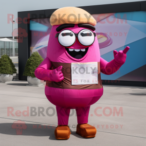 Magenta Hamburger mascot costume character dressed with a Cargo Pants and Reading glasses