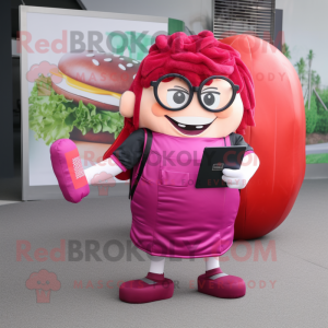 Magenta Hamburger mascot costume character dressed with a Cargo Pants and Reading glasses