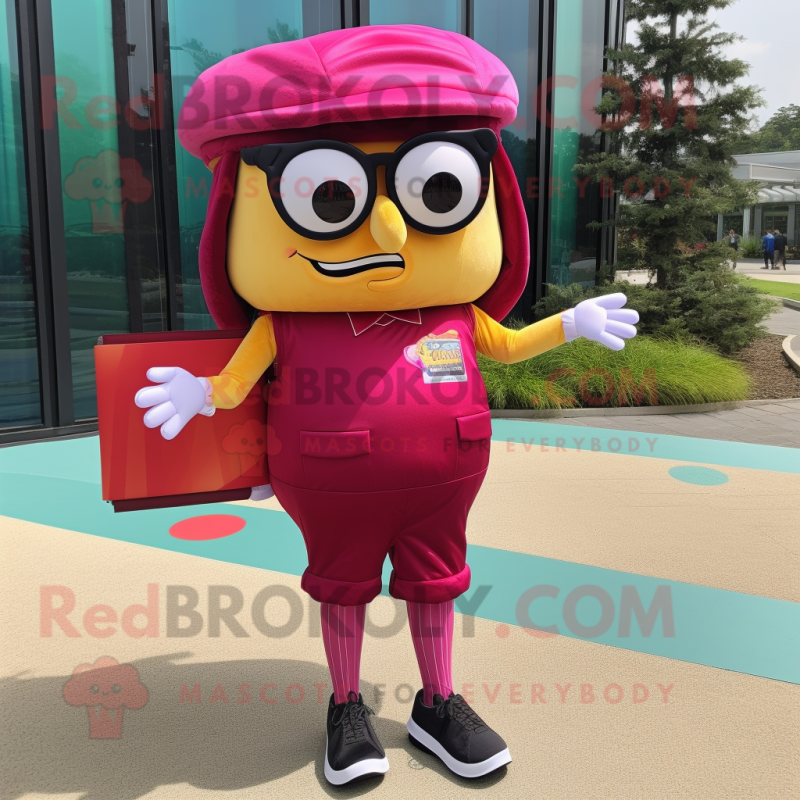 Magenta Hamburger mascot costume character dressed with a Cargo Pants and Reading glasses Magenta Hamburger mascot costume character dressed with a Cargo Pants and Reading glasses