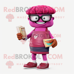 Magenta Hamburger mascot costume character dressed with a Cargo Pants and Reading glasses