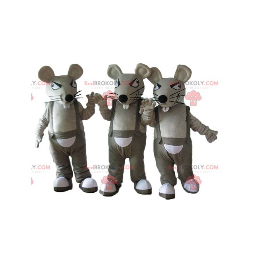 3 mascotes de ratos cinza e brancos de macacão - Redbrokoly.com