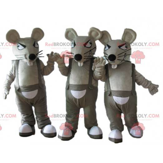 3 Maskottchen grauer und weißer Ratten in Overalls -