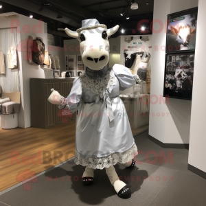 Silver Hereford Cow mascot costume character dressed with a Shift Dress and Bow ties