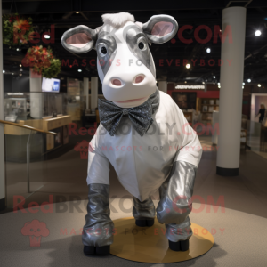 Silver Hereford Cow mascot costume character dressed with a Shift Dress and Bow ties
