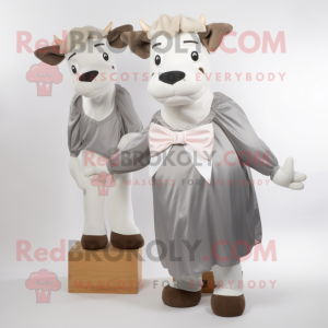 Silver Hereford Cow mascot costume character dressed with a Shift Dress and Bow ties