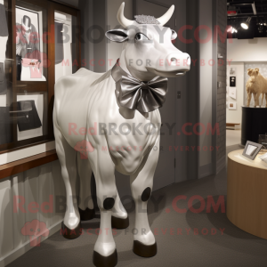 Silver Hereford Cow mascot costume character dressed with a Shift Dress and Bow ties