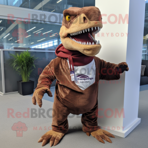 Brown Allosaurus mascot costume character dressed with a Sweatshirt and Pocket squares