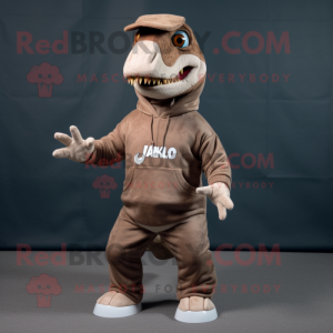 Brown Allosaurus mascot costume character dressed with a Sweatshirt and Pocket squares