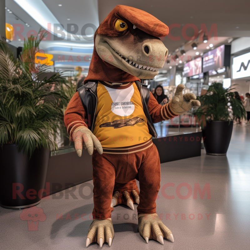 Brown Allosaurus mascot costume character dressed with a Sweatshirt and Pocket squares Brown Allosaurus mascot costume character dressed with a Sweatshirt and Pocket squares