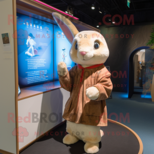 Tan Rabbit mascot costume character dressed with a Cardigan and Shawls