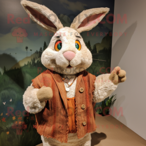 Tan Rabbit mascot costume character dressed with a Cardigan and Shawls