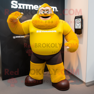 Yellow Strongman mascot costume character dressed with a T-Shirt and Smartwatches