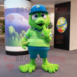Lime Green Blue Jay mascot costume character dressed with a Polo Tee and Beanies