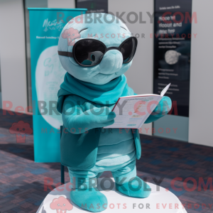 Maskotkarakter av en cyan...