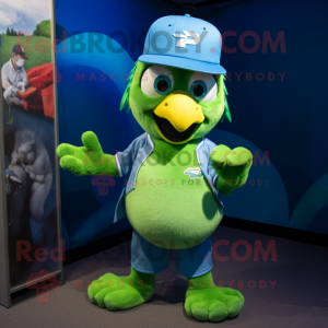 Lime Green Blue Jay mascot costume character dressed with a Polo Tee and Beanies