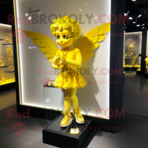Yellow Cupid mascot costume character dressed with a Culottes and Bracelet watches