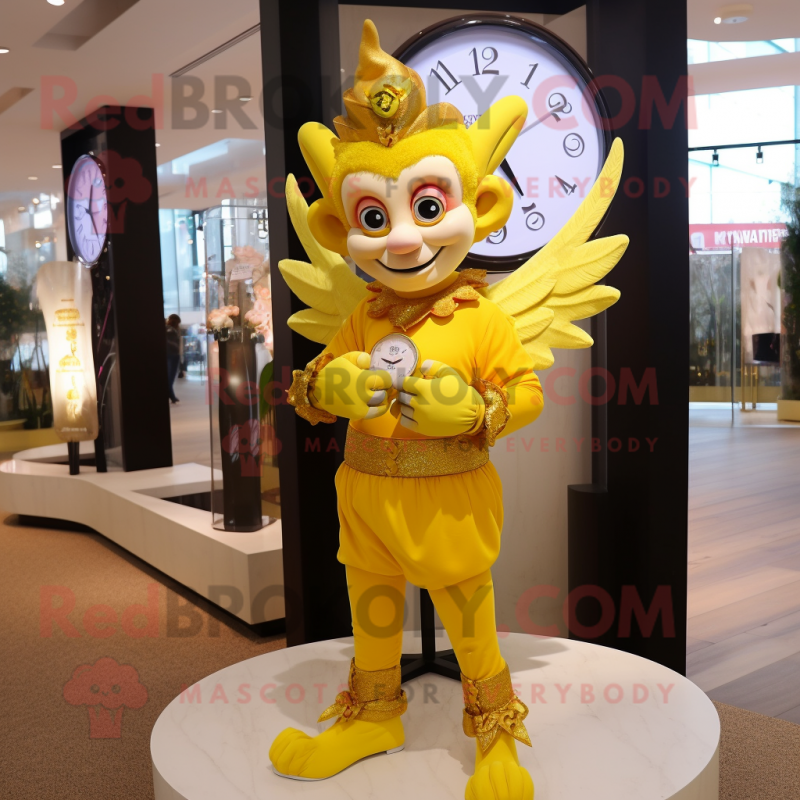 Yellow Cupid mascot costume character dressed with a Culottes and Bracelet watches Yellow Cupid mascot costume character dressed with a Culottes and Bracelet watches