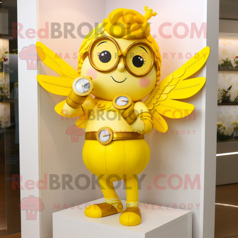 Yellow Cupid mascot costume character dressed with a Culottes and Bracelet watches Yellow Cupid mascot costume character dressed with a Culottes and Bracelet watches